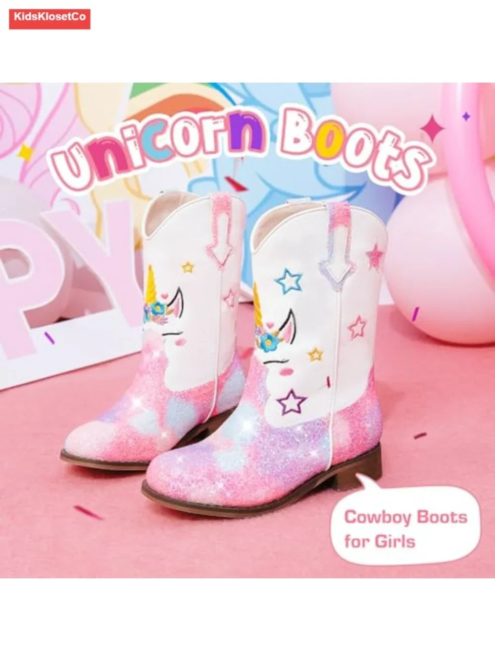 Glitter Unicorn Cowgirl Boots Toddler Mid Calf Square Toe Pull On
